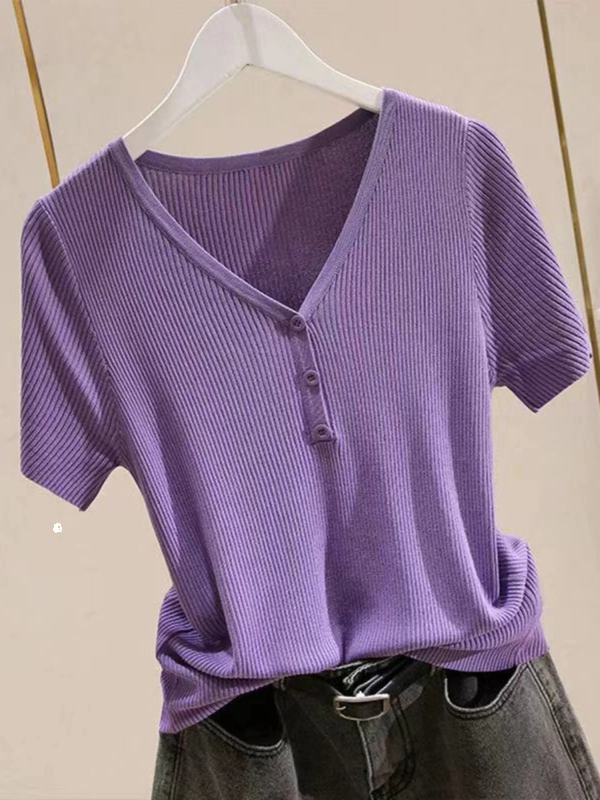 

Модная женская вязаная футболка с коротким рукавом, Корейская Летняя женская одежда, новый тонкий пуловер, универсальная однотонная Базовая футболка, повседневная S71