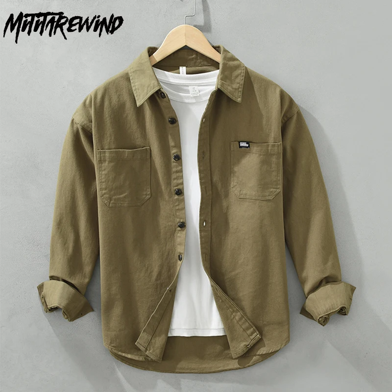 

Рубашка-карго мужская с карманами, повседневная универсальная Молодежная блуза цвета хаки, с длинными рукавами, на пуговицах, свободного покроя, в японском стиле, на весну-осень