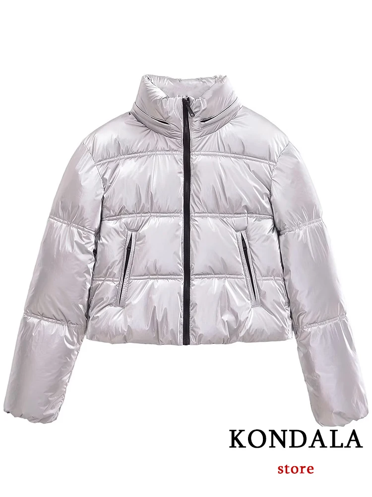 

KONDALA новый шикарный Y2K серебристый женский пуховик на молнии свободная Мода 2023 зимнее плотное пальто с длинным рукавом Уличная одежда