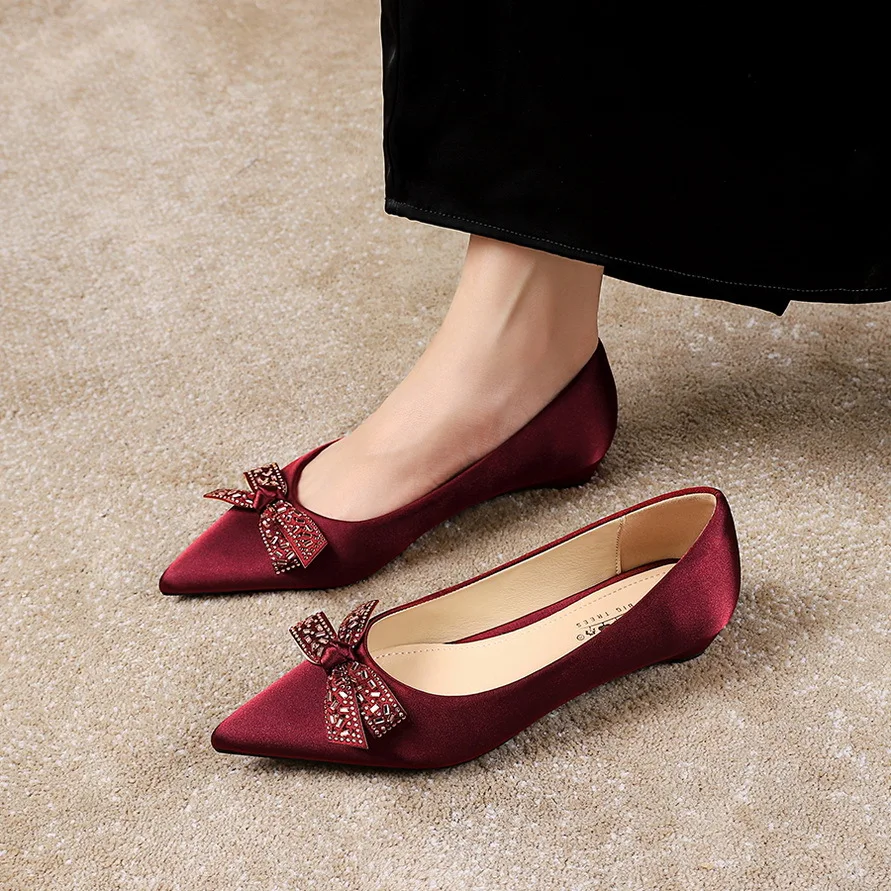Bridal Shoes Burgundy Low Heels French Elegant Satin Pointed Toe