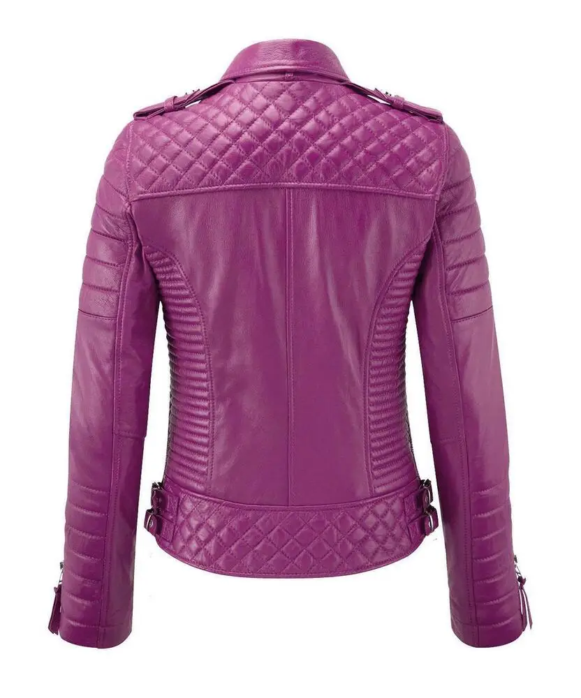 Women Leather Jacket Sheepskin Quilted Leather Motorcycle Biker Coat