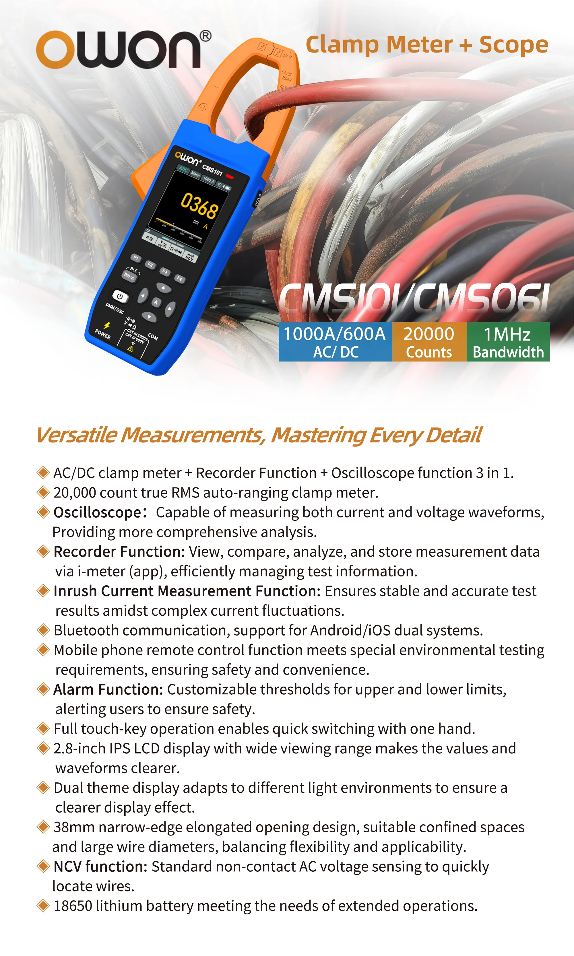 CMS101 3 in 1 1000A AC/DC Clamp Meter+ Oscilloscope Bluetooth Recorder Function