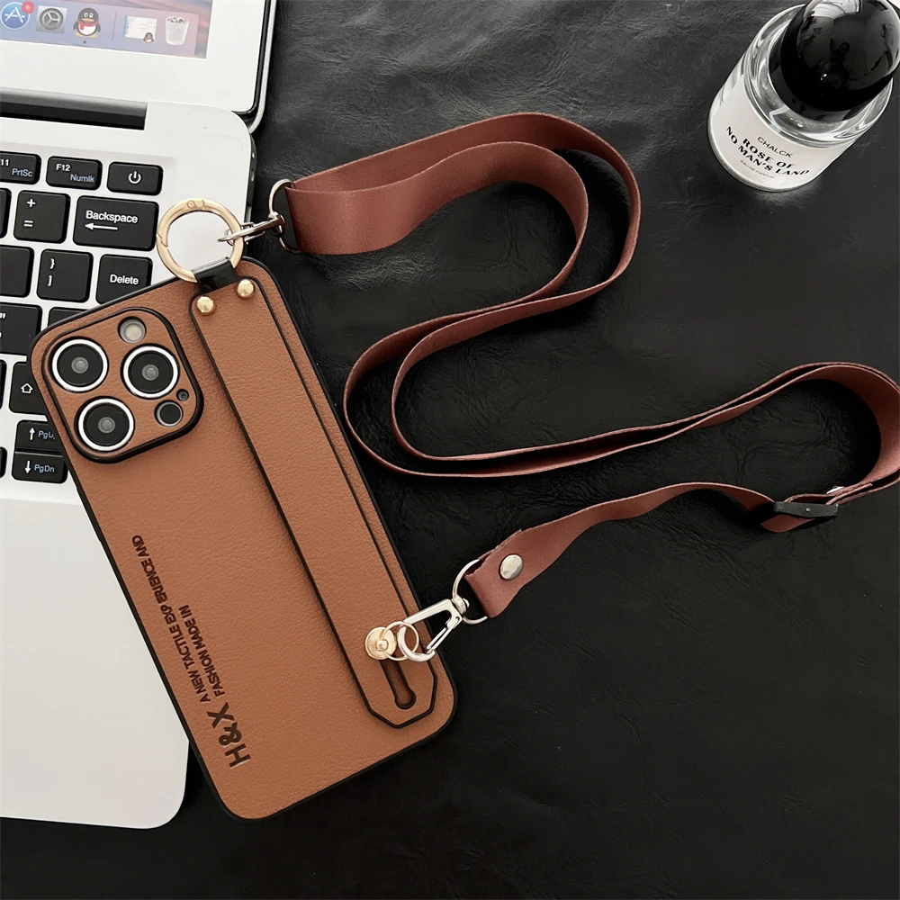 thumbnail image 1 of Luxury Litchi Leather Wrist Strap Stand Phone Cases For iPhone 15 14 Pro Max 13 12 Mini XS XR 7 8 Plus Necklace Crossbody Cover, 1 of 5