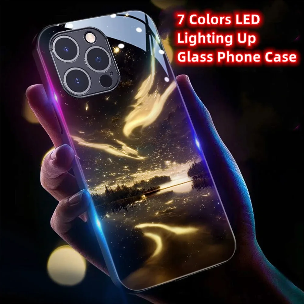 2024 Pretty Galaxy Beach Smart LED Light Glow Tempered Glass Phone Case For iPhone 15 14 13 12 11 Pro Max X XR XS SE2020 6 7 8