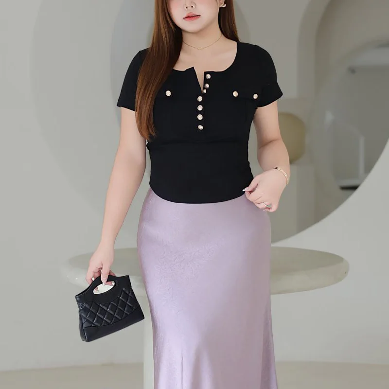 Plus Size Women's Sweet Slim Fit Short Sleeve T-Shirt Premium 3D Pockets Half-Open Collar Stretchy Casual Top For Trendy Outfits