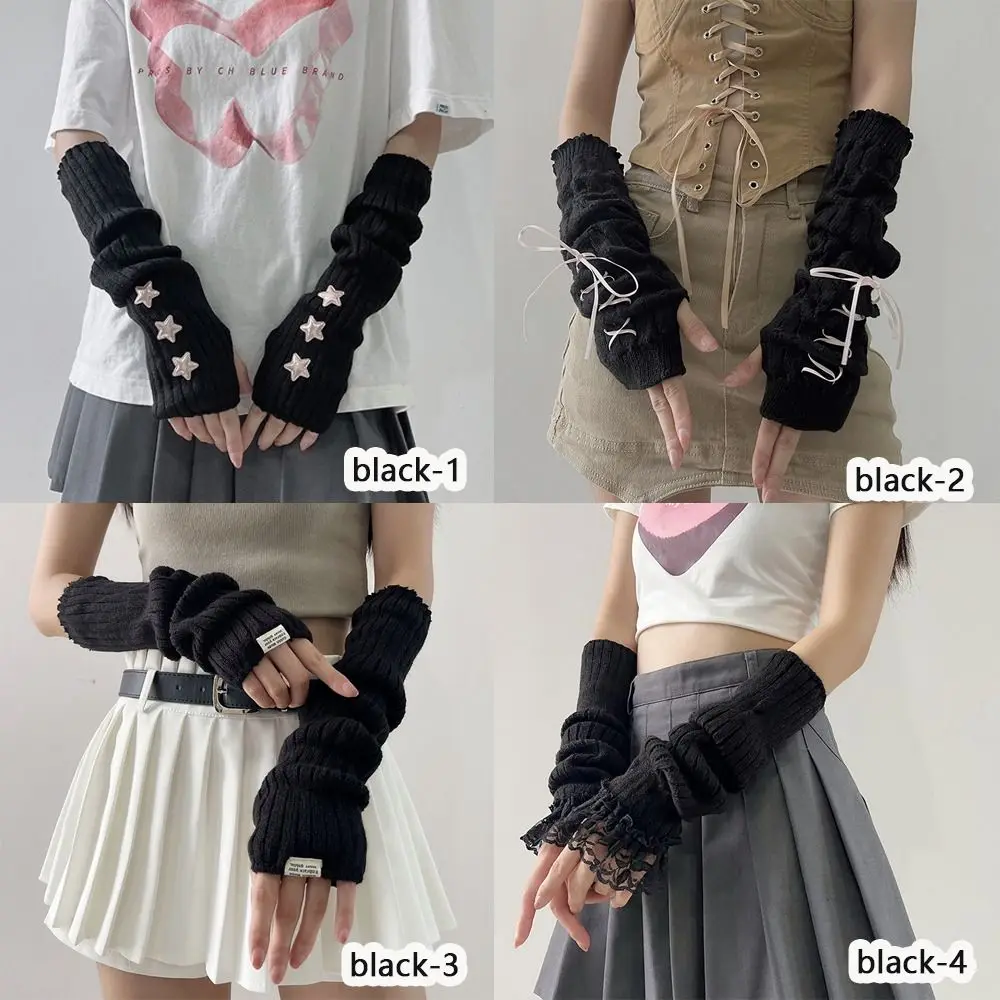 Fashion Long Wrist Gloves Fingerless Knitted Gloves False Sleeves Arm Warmers Elbow Mittens Black White Half Finger Gloves