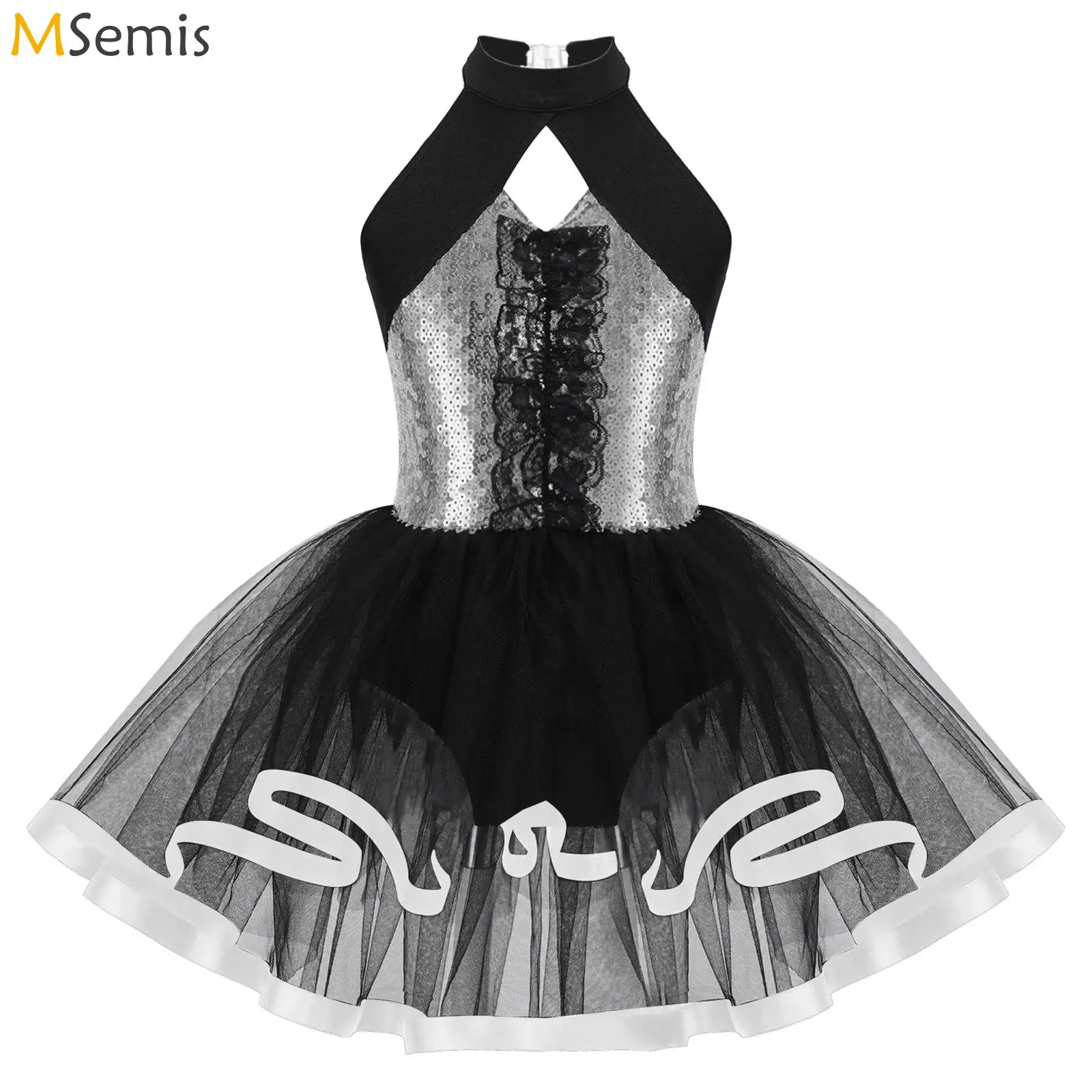 

Kids Girls Sequins Ballet Dance Tutu Dress Shiny Halter Gymnastics Leotard Glitter Modern Latin Jazz Dancing Costume Dancewear