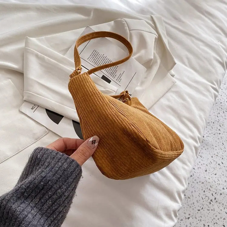 Sac Bandoulière Femme En Velours Côtelé - 15x7x24 Cm, Léger, Compartiment à Fermeture éclair - Quotidien, Voyage