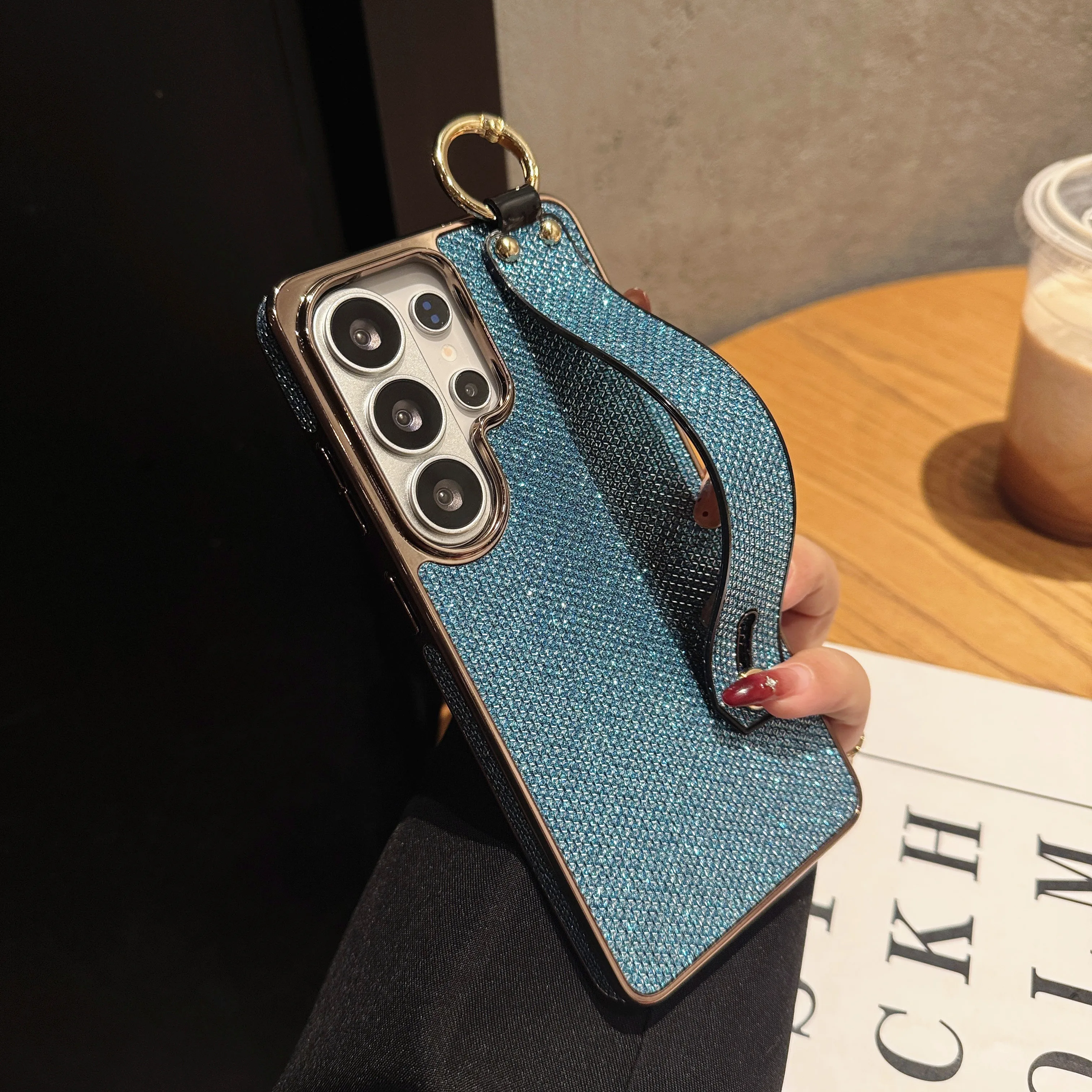 Sparkling Plating Wrist Strap Holder Case with Hand Bracket and Enhanced Camera Protection
