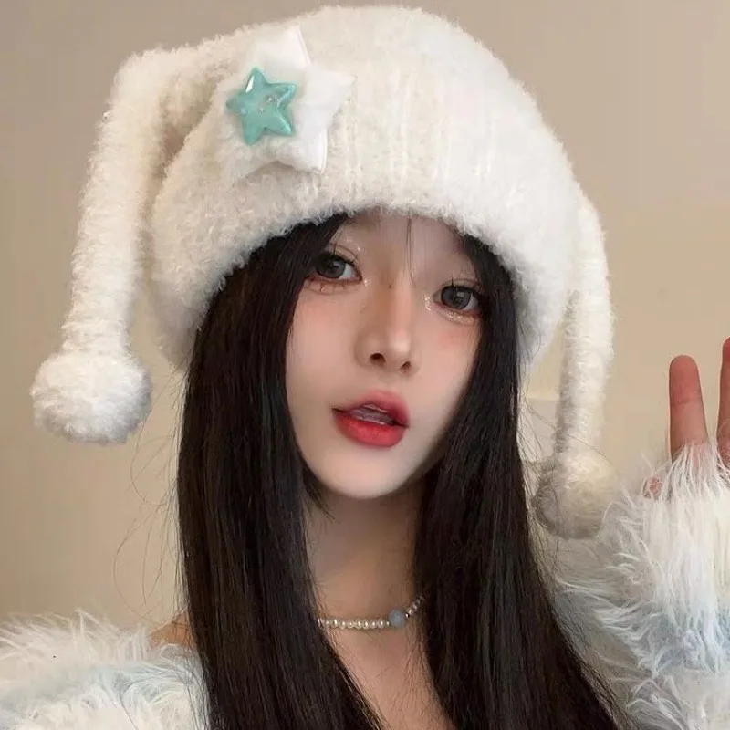 Creative Soft Knitted Hat Spicy Girl Long Ear Big Pullover Hat Keep Warm Woven Brimless Cap Women Elf Tentacle Caps