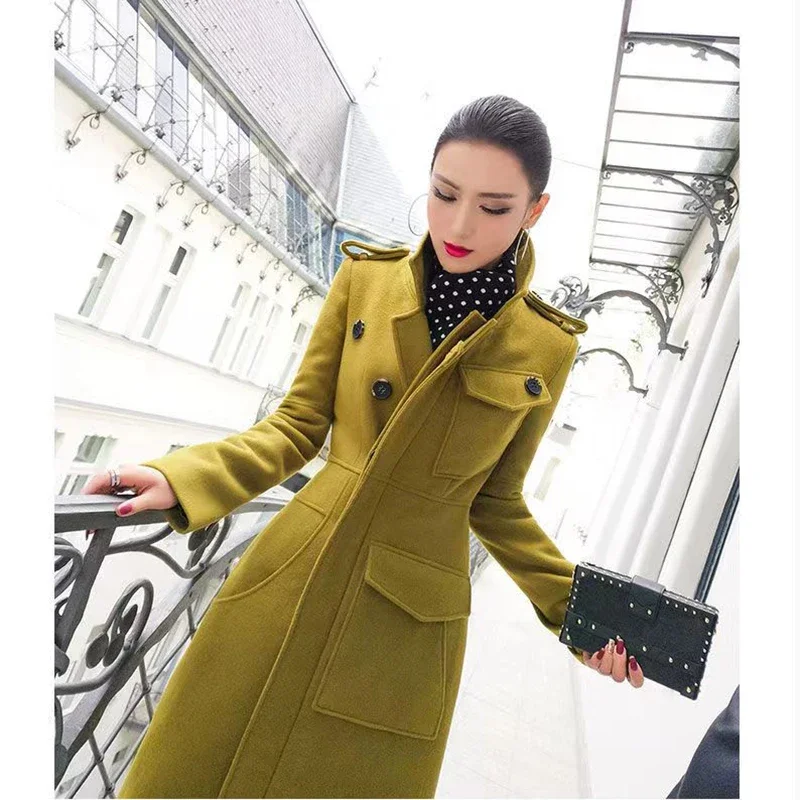 2023 Autumn And Winter New Women\'s Slim Mid-Length Coats  Army Green v-Neck Lady Coat Thickened Wool Women Jacket