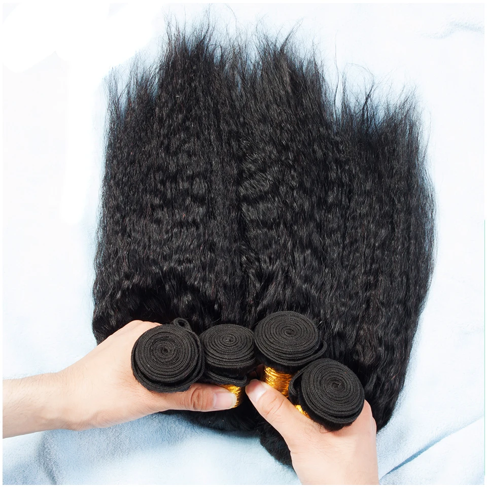 32 Inch Peruvian Kinky Straight Human Hair Bundles Bulk Remy Hair Extensions Soft Yaki Straight 100% Human Hair Weave Bundles 4