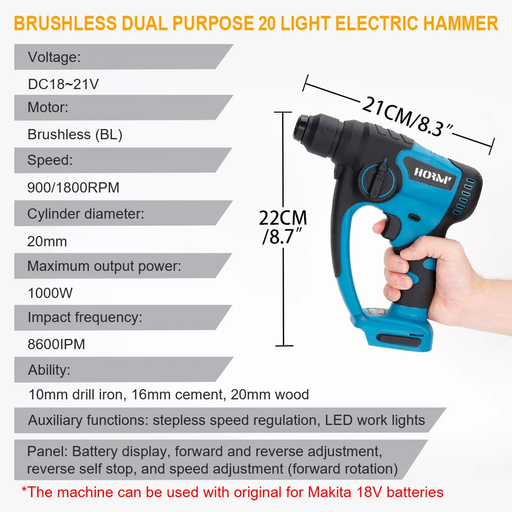 Brushless Cordless Electric Drill Rotary Hammer 4 Modes Drill Demolition Hammer Rechargeable Power Tool for Makita 18V Battery 3