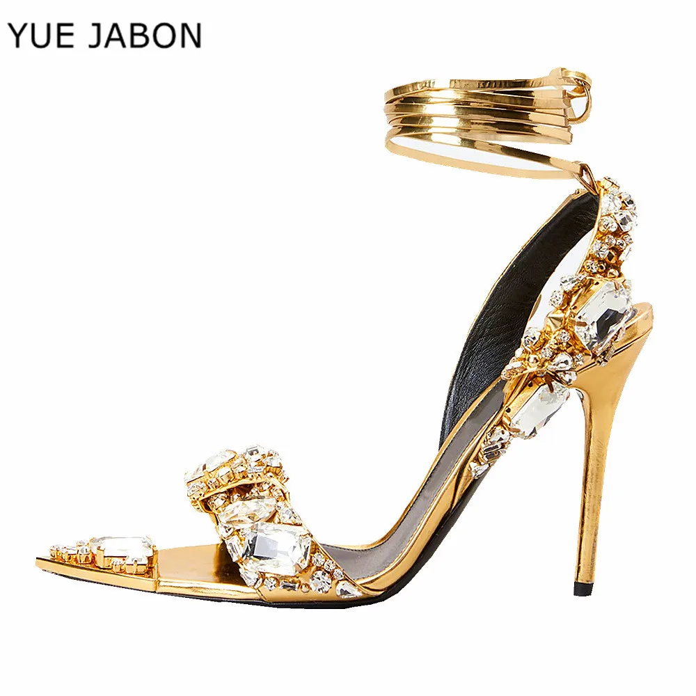 

Women Stiletto Wedding Shoe Sexy Party Lace Up Ankle Strap Sandals Summer Female Footwear Pointed Toe Rhinestone Catwalk Sandal