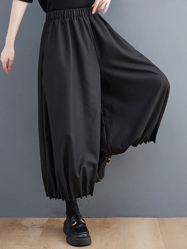 Black Vintage High Elastic Waist Pleated Wide Leg Pants Women New Casual Loose Trousers Fashion Streetwear Spring Autumn 2025