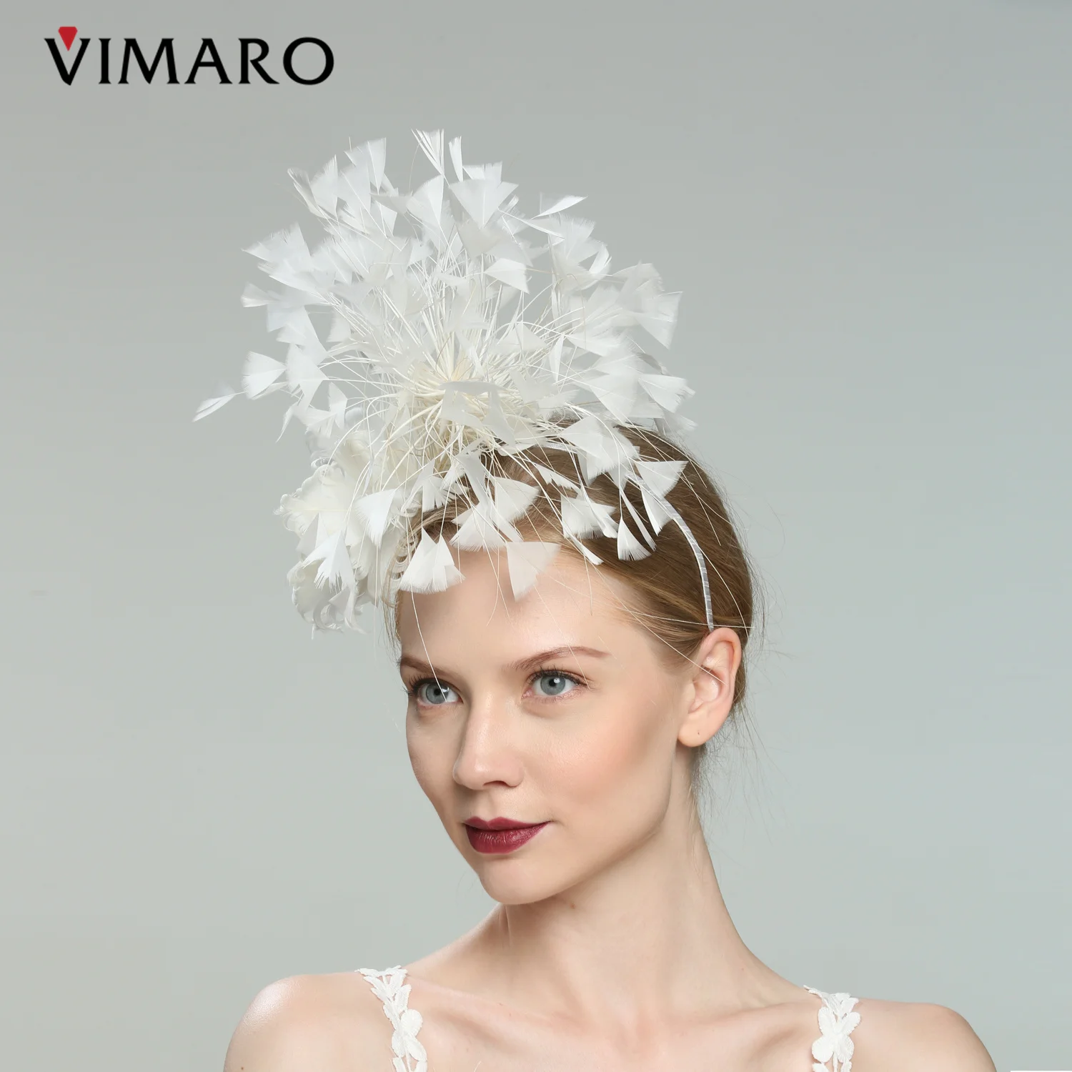 Фото VIMARO вуалетка с перьями цвета слоновой кости для женщин Женская Вуалетка головные уборы для женщин Свадебная и церковная Шляпа Дерби для женщин №2
