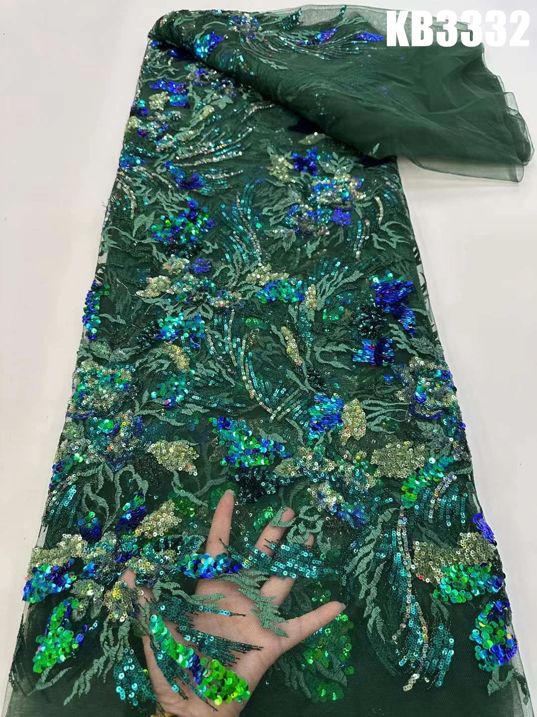 

Sequin Lace Fabric Green Tulle Lace Fabric with Sequence Luxury Evening Dresses 2023 French Lace Fabric Mesh For Sewing KB3332