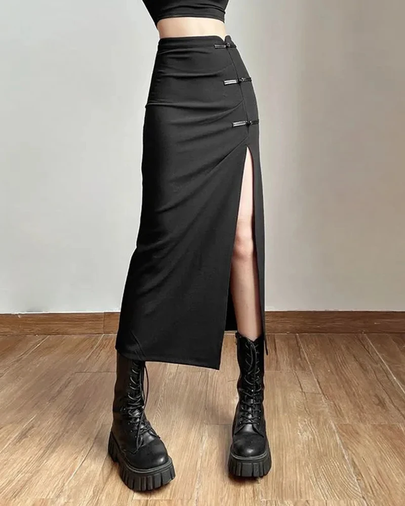 Y2K Black Sexy Split midi Skirts summer Casual Korean Slim a line skirts Gothic high waist streetwear All Match skirts