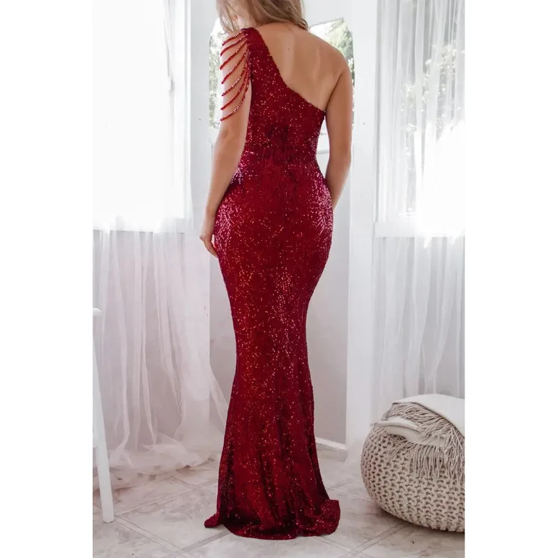Elegant One Shoulder Bury Sequin Women Beading Long Party Maxi evening wedding party dress vestido de festa платье