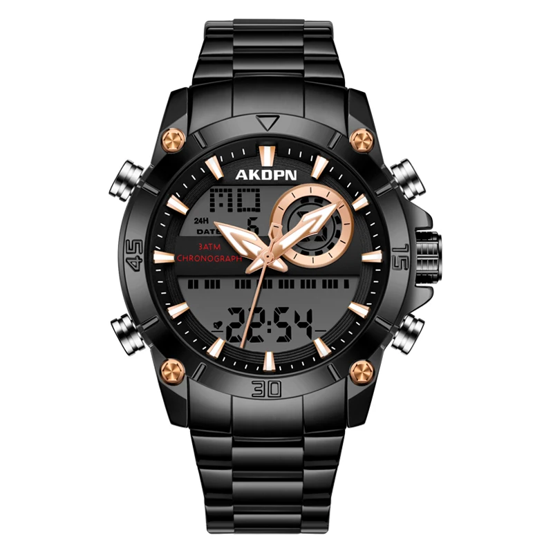 Men's Multi-Functional Sports Watch with Dual Movement and Luminous Steel Band - Waterproof Quartz