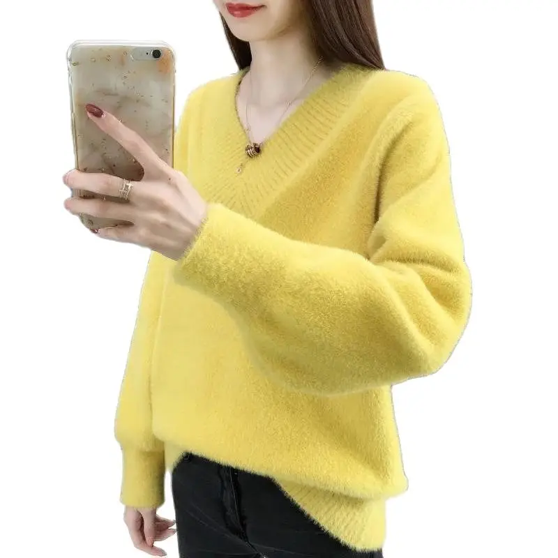 

Женский свитер с V-образным вырезом, повседневный свободный эластичный вязаный пуловер из искусственной норки, Осень-зима 2023