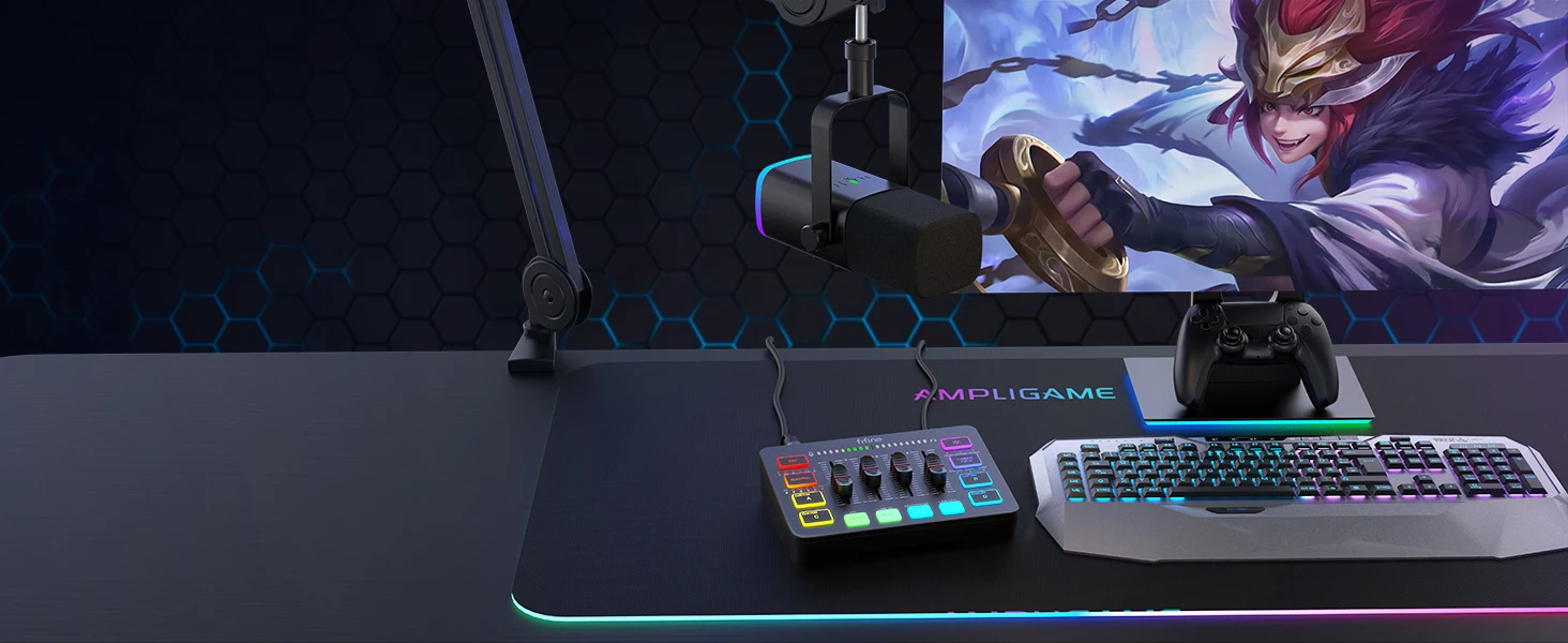 FIFINE AmpliGame SC3 Gaming Audio Mixer Streaming 4-Channel RGB Mixer with XLR Microphone Interface description image 2