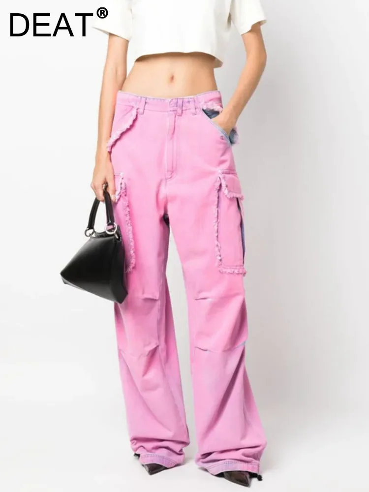 

DEAT Fashion Women's Jeans Waist Pockets Washed Make Old Flash Pink Denim Wide-leg Floor-length Pants Summer 2023 New 17A9115