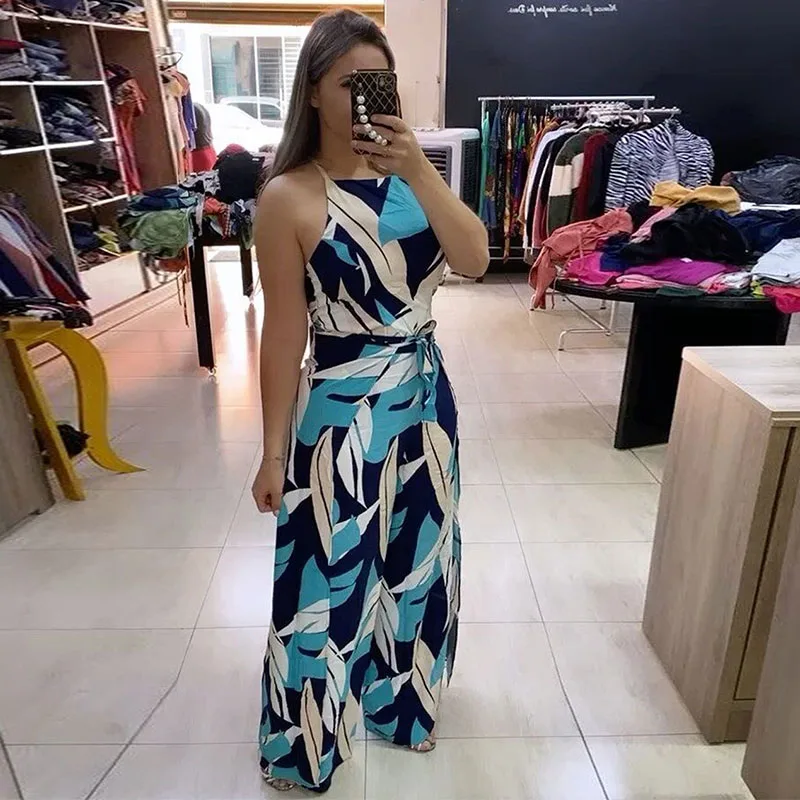 

Bohemia Leaf Print Wide Leg Jumpsuit Women Halter Backless Sleeveless One Pieces Rompers Womens Overalls Monos Mujer Elegante