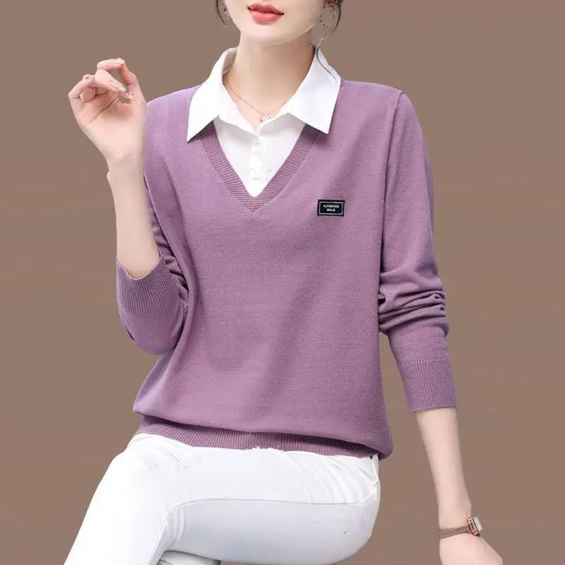 Solid Turn-down Collar Patchwork Loose Button Casual Straight Pullovers Women\'s Clothing Dignified Autumn Winter Thin Bottoming