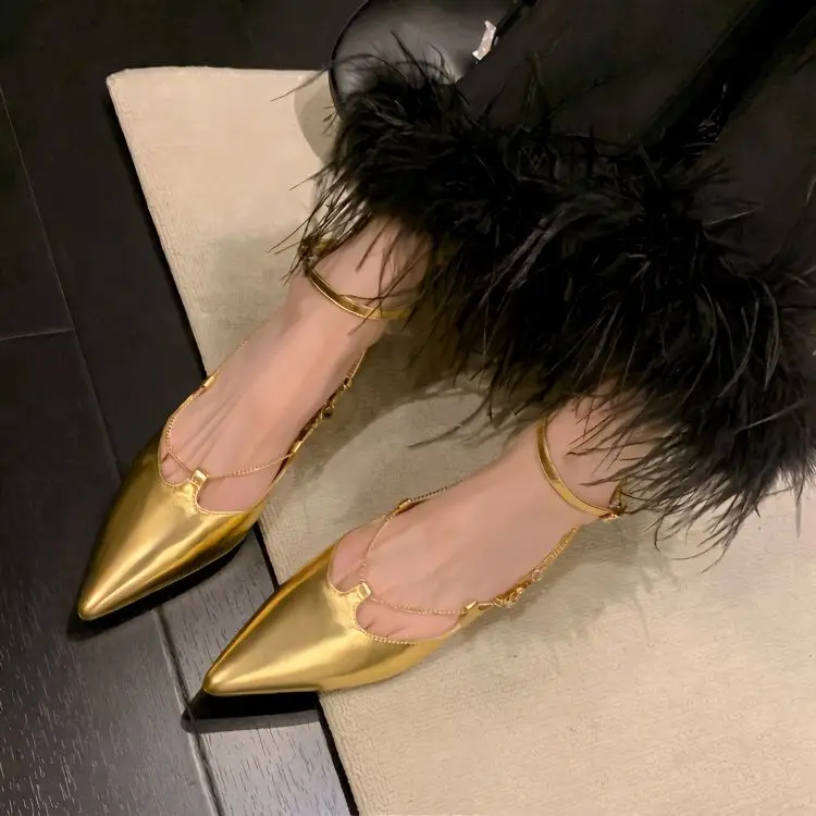 

2023 Spring Summer New Gold Soft Leather Shoes French Style Pointed Head Shallow Buckle Strap Solid Fashion Square Heel