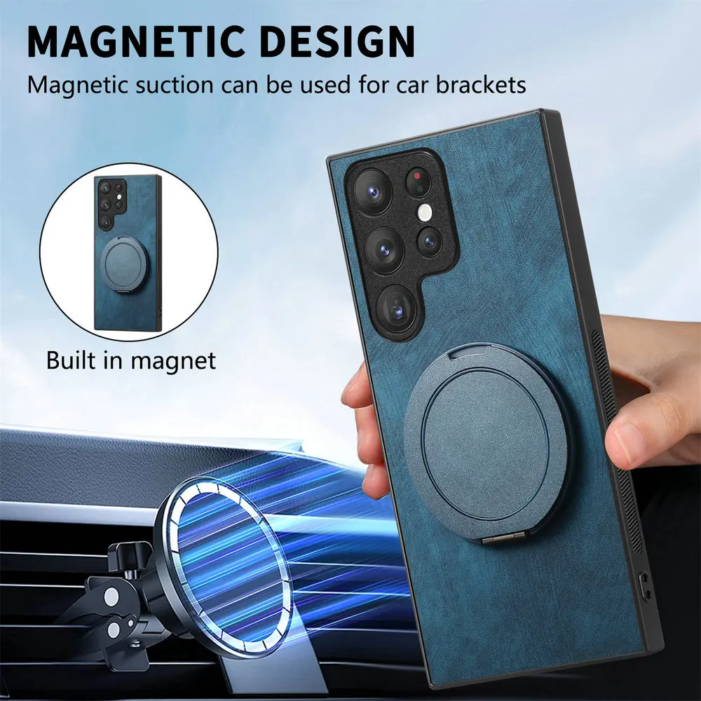 Luxury Leather Back Case with Ring Holder and Magnetic Feature