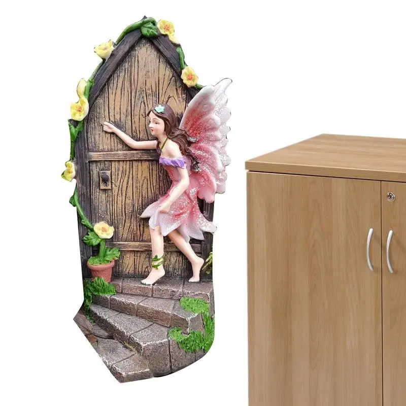 

Cute Miniature Door Statue Fairy Elf Garden Decor Resin Fairy Knocking On The Door Art Garden Sculpture Statues Ornaments