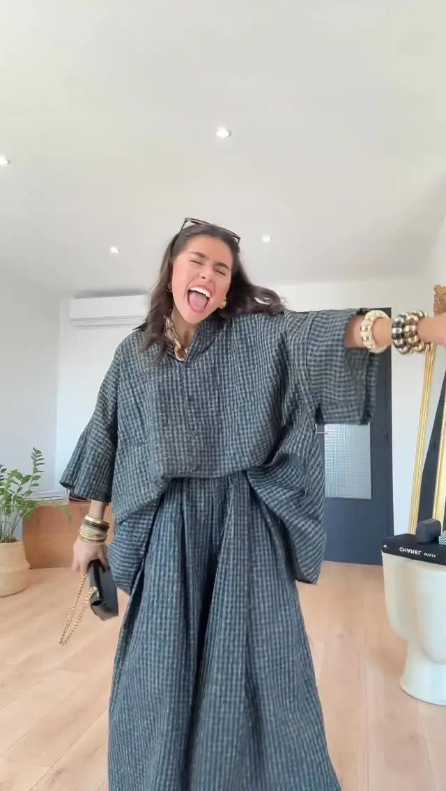 Loose Plaid Shirt Pants Two-piece Set Three Quarter Sleeve Oversize Blouses Wide Leg Pants Suit 2026 Fashion Women Casual Sets
