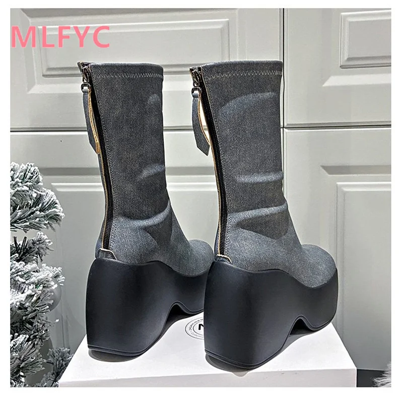 Internet celebrity Spicy Girls Fashion Boots Autumn/Winter Short Boots Women's Thick Sole Mid Sleeve Boots Elastic Slim Boots