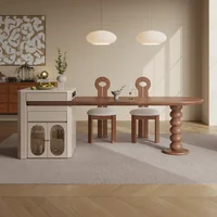 Vintage Kitchen Island Dining Table Set with 6 Chairs, Retractable Solid Wood and Stone Top Design - Image 2
