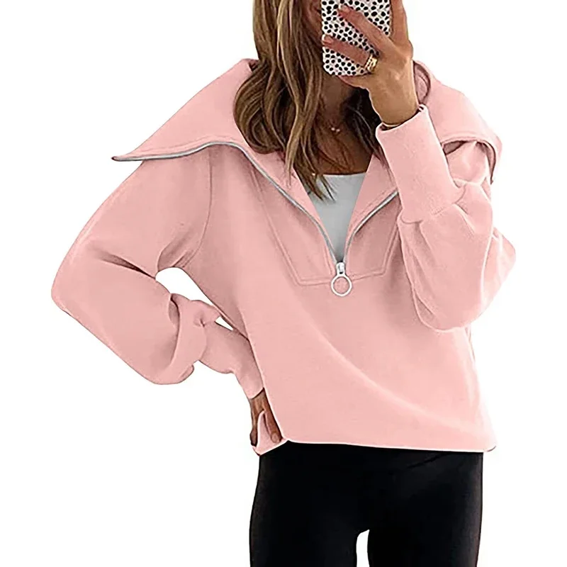 

Fashion New Winter Casual Women's Hoodies Solid Zippers Turn-down Collar Long Sleeve Loose Office Ladies Pullover Sweatshirts
