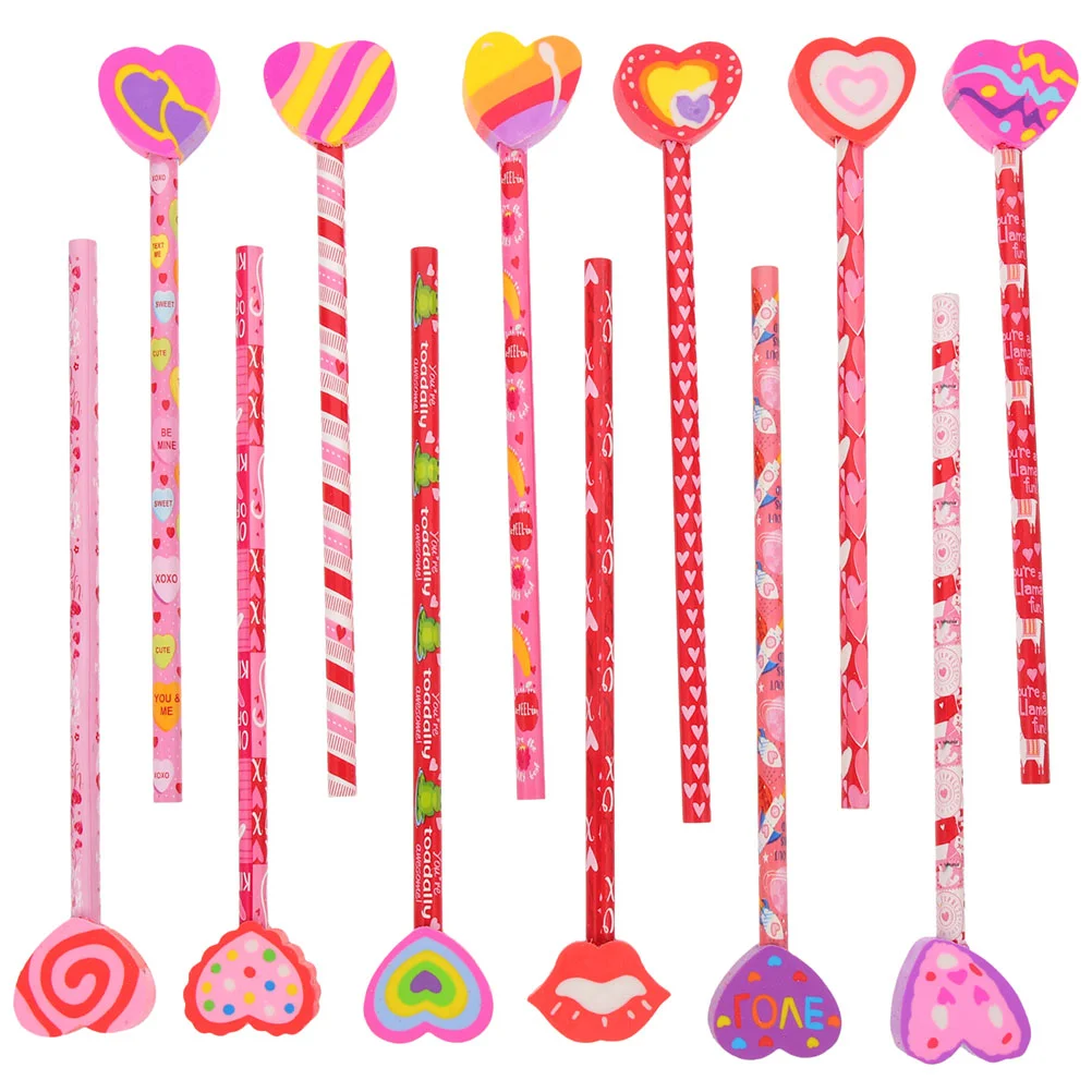 Cartoon Heart Pattern Pencils Wood HB Pencils Eraser Tipped  Heart Eraser Tipped Pencils For Gifts Mixed Style