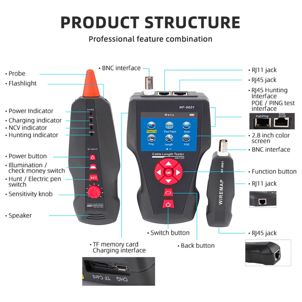 Noyafa NF-8601 Network Cable Tester Ethernet Cable Tracker with PoE/PING Function Measure Length Wiremap Tester Network Tools 6