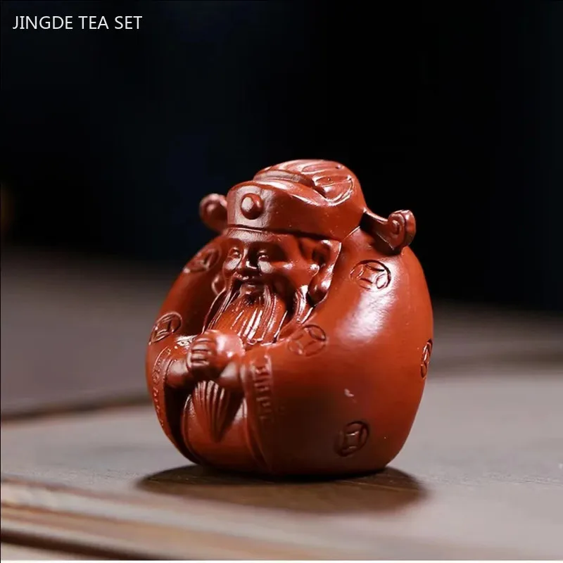 Yixing Purple Clay Tea Pet Small God of Wealth Figure Sculpture Chinese Tea Table Ornaments Desktop Feng Shui Arts
