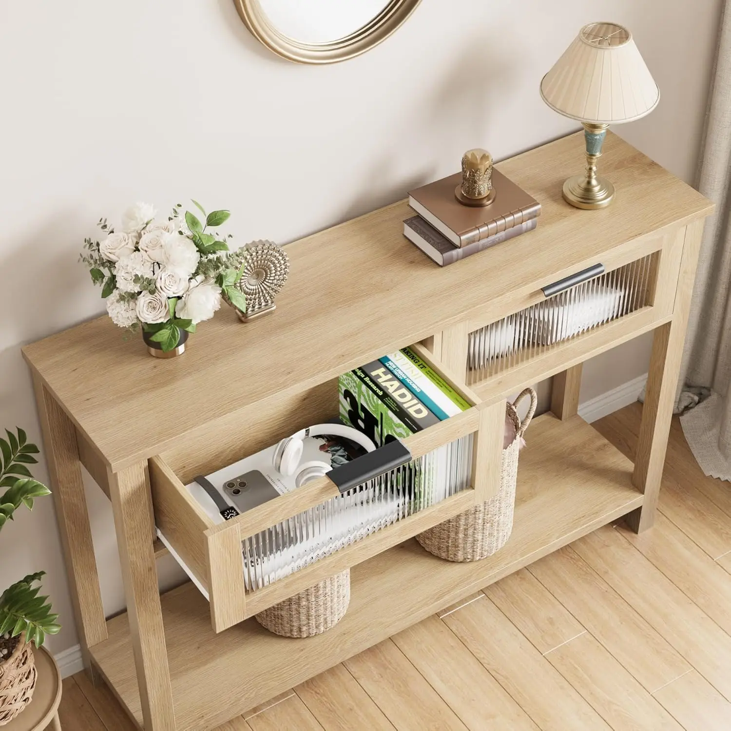Moderner 2-stufiger schwarzer Konsolentisch mit Glasschubladen, schlanker Sofa-Beistelltisch mit offenem Ablagefach für Wohnzimmer, Flur, Eingangsbereich. – Detail 18