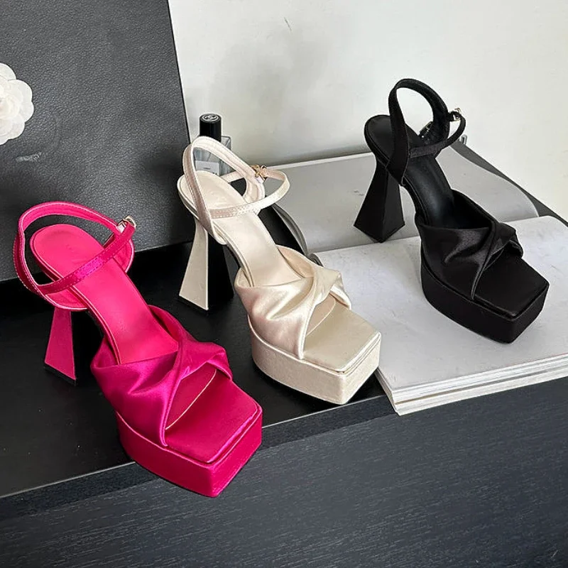 Silk Luxury Platform Sandals for Women Open Toe Sexy Party Dress Wedding Shoes Fashion Slingback Luxury Brand High Heels Female