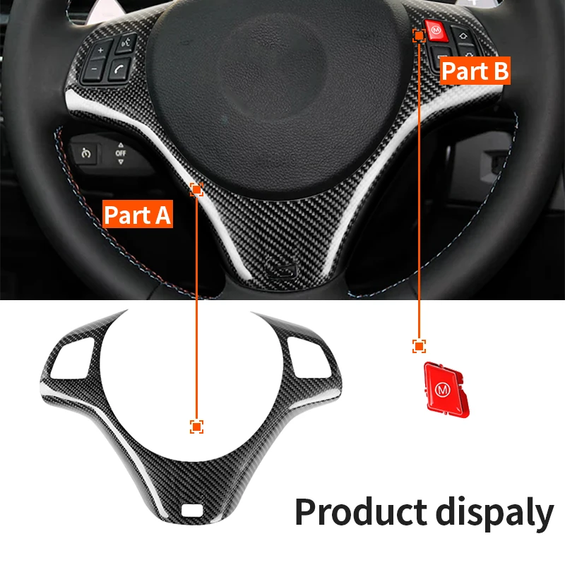

Car Carbon Fiber Steering Wheel Panel W/ Hole Trim Cover Sticker & Red M Sport Button Key For BMW 3 Series M3 M Sport 2007-2013
