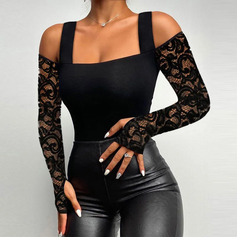 

Summer Fashion Slash Neck Strap Shirt Sexy Off Shoulder Black Lace Ladies T-shirt Slim Fit Long Sleeve Tees Women Tops New 27298