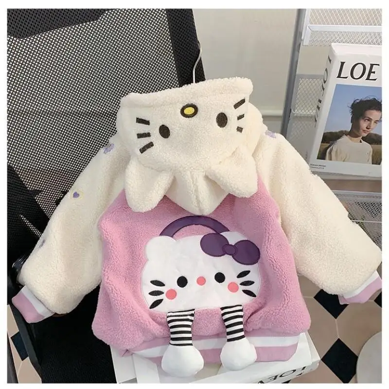 산리오 헬로 키티 여아 겨울 코트 양털 안감 두꺼운 면  소녀용 가을 및 겨울 2024 새로운 패셔너블 스타일