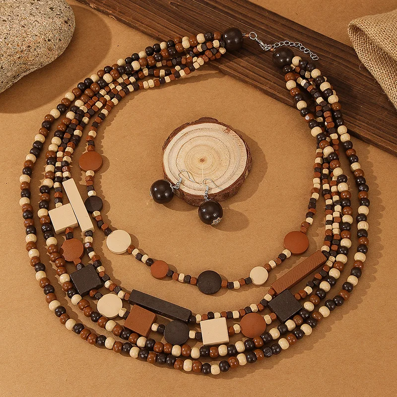 Handmade wooden beads and metal disk necklace