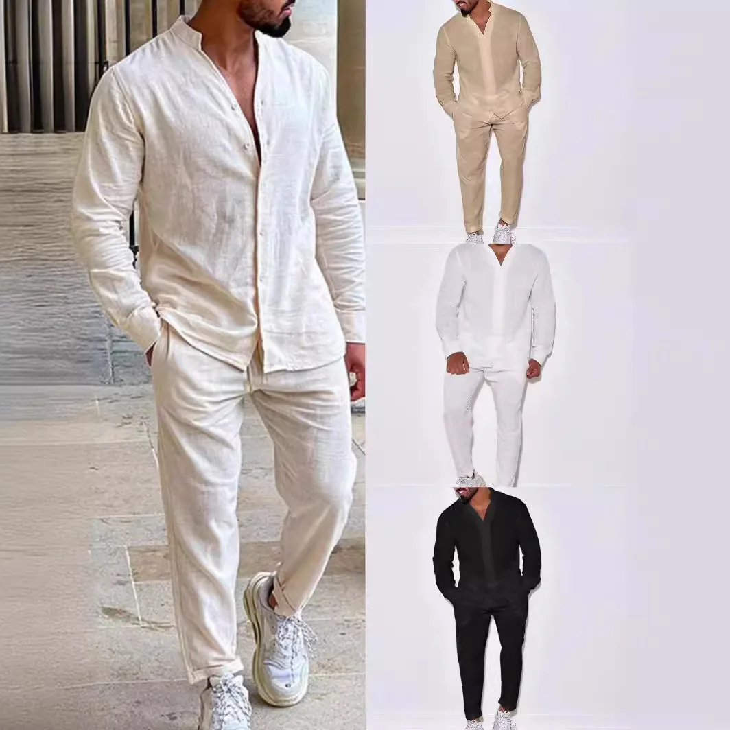GELITAYIN Mens Sets Linen Spring Autumn Leisure Suit Long Sleeve Shirts And Trousers Two Piece Sets Fashion Men Hot Sales Comfor
