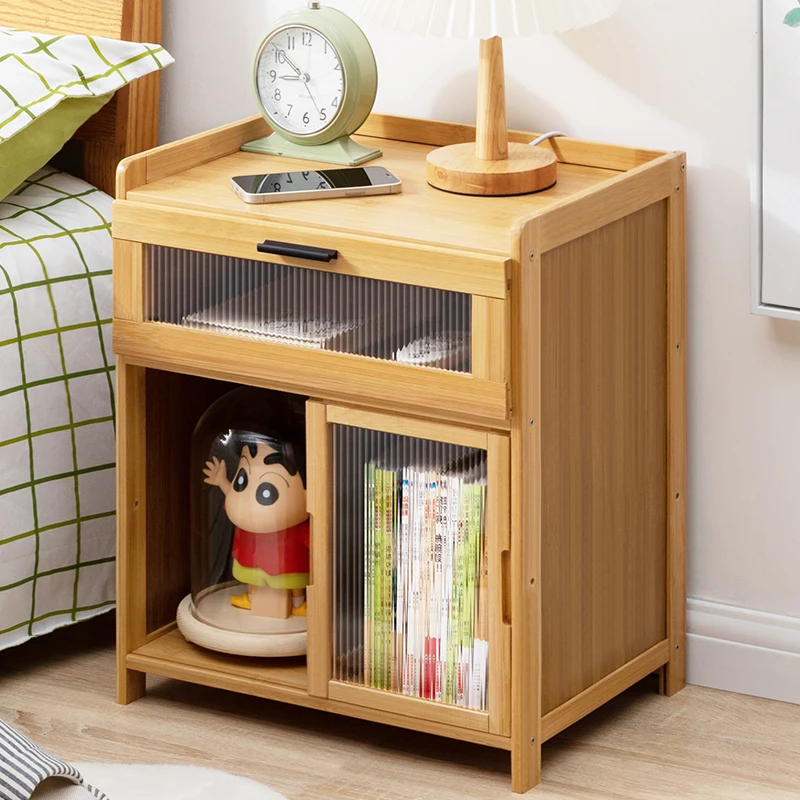 Simple Modern Nightstand Bamboo Storage Cabinet Bedside Storage Organizer Multifunctional Drawer for Home Bedroom