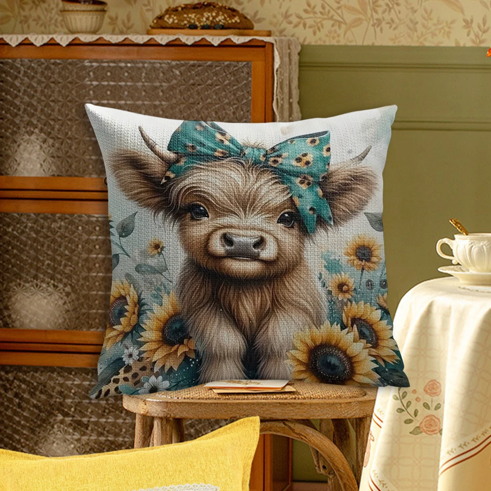 11CT Cotton Sunflower Highland Cow Cushion Cross Stitch Creations 45x45cm Handicraft Embroidery Pillowcase for Adults Beginners
