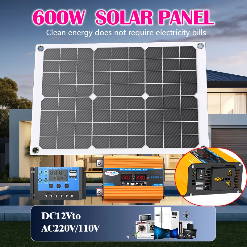 Kit de panneaux solaires 600W, onduleur de puissance 6000W, contrôleur de charge solaire 100A, système d'énergie solaire hors réseau pour la maison, DC12V vers AC220V 1