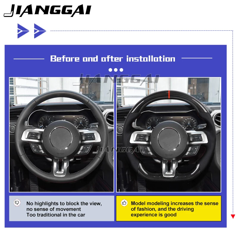 포드 머스탱 2015-2023 GT350 GT500 천공 가죽 레이싱 휠 자동차 액세서리 용 하이드로 딥 탄소 섬유 스티어링 휠